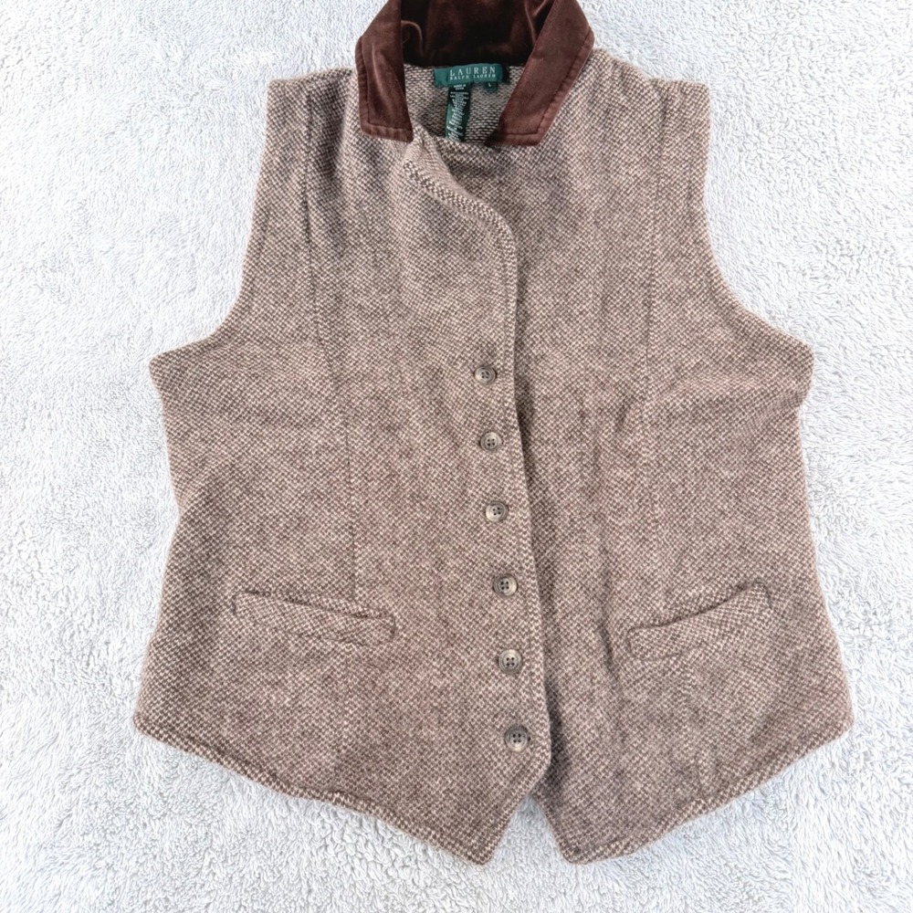 Lauren Ralph Lauren Vest Women Large Brown Wool Blend Velvet Collar Equestrian